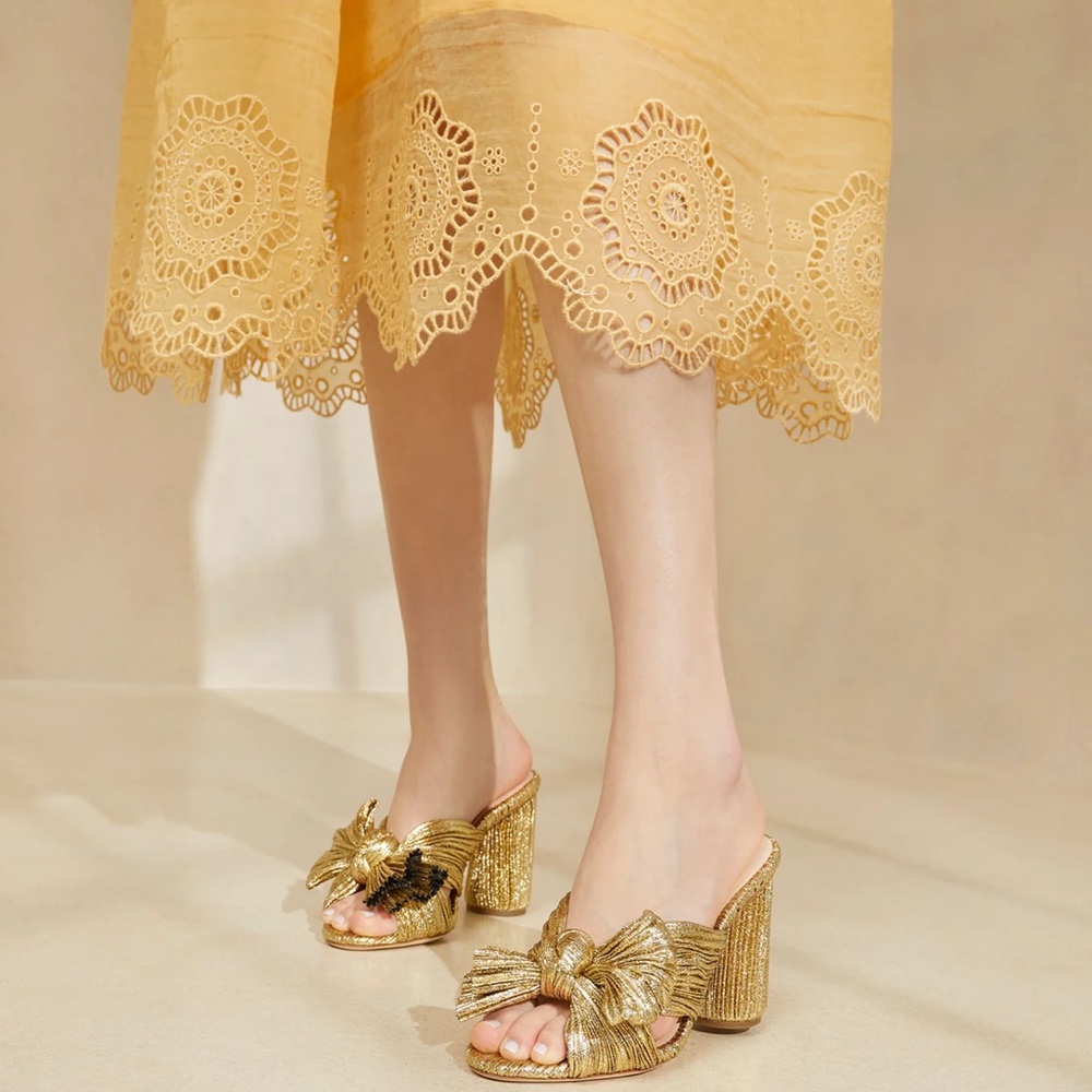 Loeffler Randall Penny Gold Pleated Bow Heel Sz 8